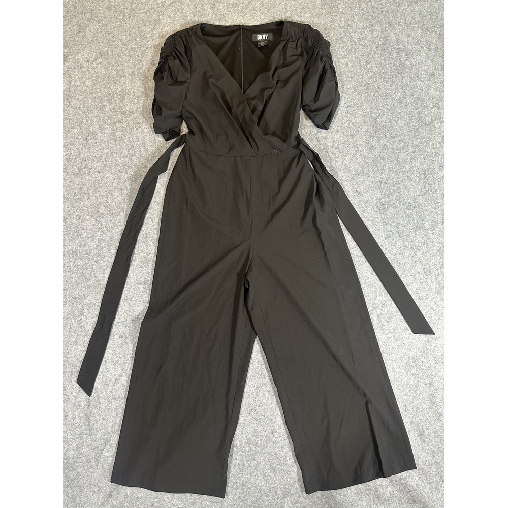 DKNY Wrap Front Jumpsuit Size 8 Black Wide Leg Short Sleeve V-Neck